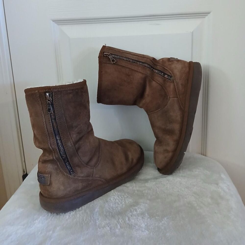 UGG Australia Mayfaire Limited Ed Brown Suede Boots Copper Nameplate & Zipper 7